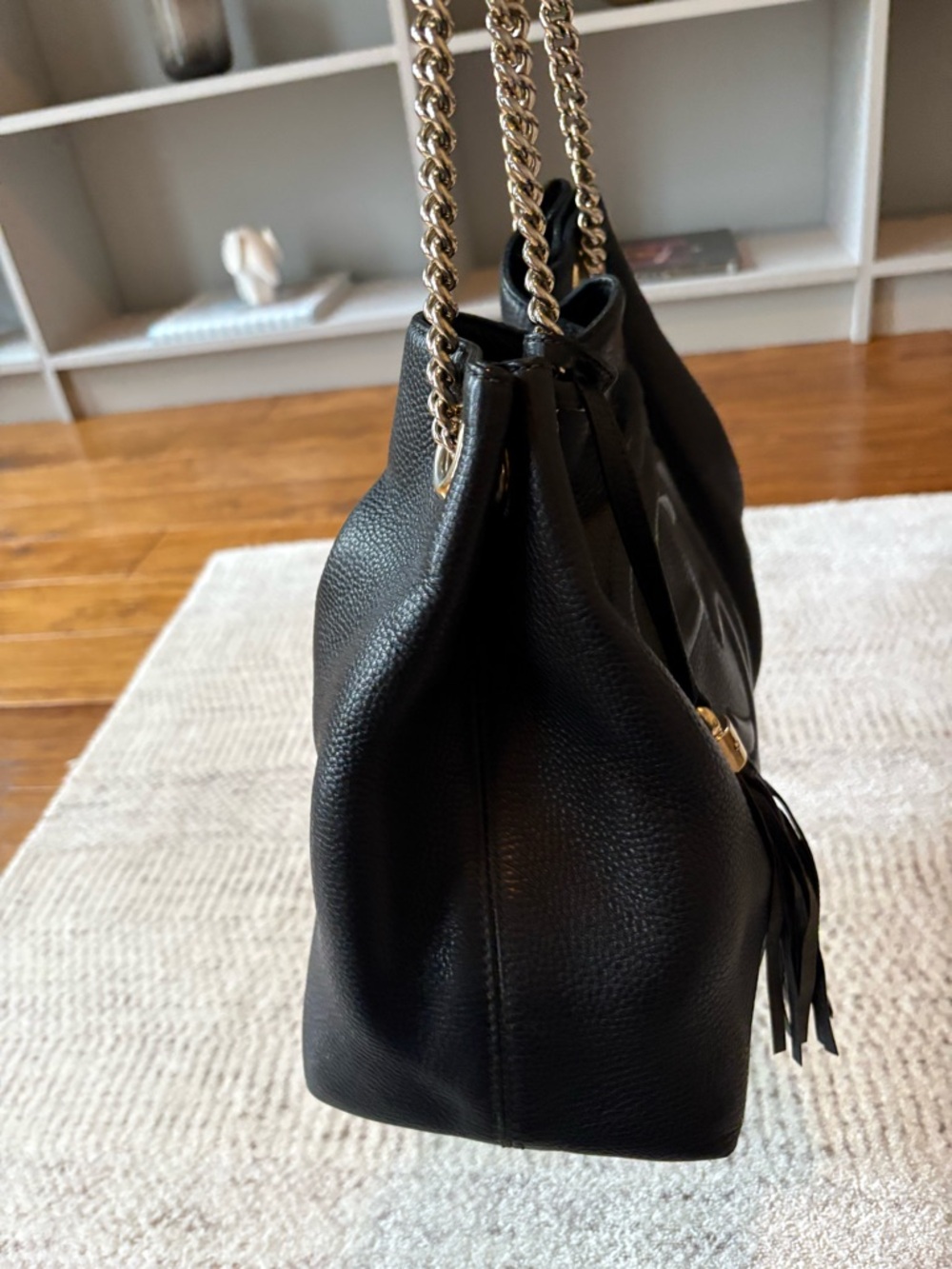 Gucci Black Pebbled Leather Chain-Handle Satchel with Tassel - Picture 4 of 10